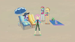 Size: 3410x1920 | Tagged: safe, imported from derpibooru, screencap, applejack, fluttershy, rainbow dash, rarity, tank, tortoise, aww... baby turtles, equestria girls, equestria girls series, applejack's beach shorts swimsuit, applejack's hat, beach, beach ball, beach chair, belly button, cap, chair, clothes, cowboy hat, eyes closed, female, fluttershy's wetsuit, geode of fauna, geode of shielding, geode of super speed, geode of super strength, hat, high res, magical geodes, male, midriff, open mouth, rarity's blue sarong, rarity's purple bikini, sandals, swimsuit, wetsuit