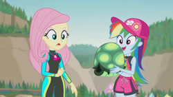 Size: 3410x1920 | Tagged: safe, imported from derpibooru, screencap, fluttershy, rainbow dash, tank, tortoise, aww... baby turtles, equestria girls, equestria girls series, belly button, clothes, female, fluttershy's wetsuit, geode of fauna, geode of super speed, high res, jewelry, magical geodes, male, necklace, open mouth, rainbow dash's beach shorts swimsuit, sleeveless, swimsuit, wetsuit