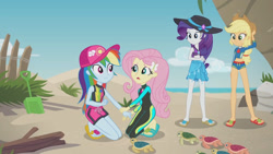 Size: 3410x1920 | Tagged: safe, imported from derpibooru, screencap, applejack, fluttershy, rainbow dash, rarity, aww... baby turtles, equestria girls, equestria girls series, applejack's hat, beach, belly button, clothes, cowboy hat, feet, female, flip-flops, fluttershy's wetsuit, geode of fauna, geode of shielding, geode of super speed, geode of super strength, hairpin, hat, heel pop, high res, magical geodes, open mouth, rainbow dash's beach shorts swimsuit, rarity's blue sarong, rarity's purple bikini, sandals, sea turtle, sleeveless, swimsuit, wetsuit