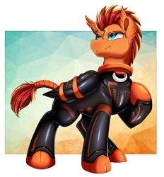 Size: 2470x2662 | Tagged: safe, artist:pridark, imported from derpibooru, oc, oc only, oc:fireheart(fire), bat pony, hybrid, pegasus, pony, bound wings, clothes, collar ring, commission, determined, fireheart76's latex suit design, high res, latex, latex suit, male, pegabat, pegasus oc, prisoners of the moon, raised leg, solo, suit, tail, tail wrap, wings