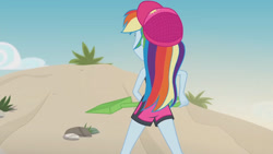 Size: 3410x1920 | Tagged: safe, imported from derpibooru, screencap, rainbow dash, aww... baby turtles, equestria girls, equestria girls series, beach, cap, clothes, female, hat, high res, sleeveless, solo, swimsuit