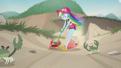 Size: 3410x1920 | Tagged: safe, imported from derpibooru, screencap, rainbow dash, crab, aww... baby turtles, equestria girls, equestria girls series, beach, cap, clothes, female, geode of super speed, hat, high res, jewelry, magical geodes, necklace, rainbow trail, running, sandals, sleeveless, smiling, solo, swimsuit