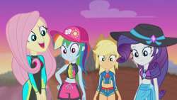 Size: 3410x1920 | Tagged: safe, imported from derpibooru, screencap, applejack, fluttershy, rainbow dash, rarity, aww... baby turtles, equestria girls, equestria girls series, applejack's hat, beach, belly button, cap, clothes, cowboy hat, female, fluttershy's wetsuit, geode of shielding, geode of super speed, geode of super strength, hat, high res, jewelry, magical geodes, necklace, open mouth, rarity's blue sarong, rarity's purple bikini, sarong, sleeveless, smiling, sun hat, swimsuit, wetsuit