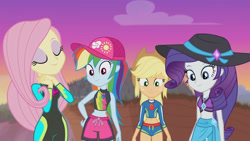 Size: 3410x1920 | Tagged: safe, imported from derpibooru, screencap, applejack, fluttershy, rainbow dash, rarity, aww... baby turtles, equestria girls, equestria girls series, applejack's beach shorts swimsuit, applejack's hat, beach, belly button, cap, clothes, cowboy hat, eyes closed, female, fluttershy's wetsuit, geode of shielding, geode of super speed, geode of super strength, hat, high res, jewelry, magical geodes, necklace, rarity's blue sarong, rarity's purple bikini, sarong, sleeveless, smiling, sun hat, swimsuit, wetsuit