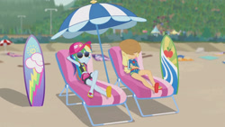 Size: 3410x1920 | Tagged: safe, imported from derpibooru, screencap, applejack, rainbow dash, equestria girls, equestria girls series, lost and found, applejack's beach shorts swimsuit, applejack's hat, beach, beach chair, belly button, cap, chair, clothes, cowboy hat, eyes closed, female, geode of super speed, geode of super strength, hat, high res, jewelry, magical geodes, necklace, relaxing, sandals, sleeveless, smiling, sunglasses, surfboard, swimsuit