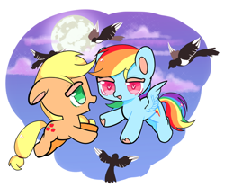 Size: 650x542 | Tagged: safe, artist:白羽夜咕咕叽, imported from derpibooru, applejack, rainbow dash, bird, earth pony, pegasus, pony, appledash, cloud, eyebrows, female, floating, heart, hoof heart, lesbian, missing freckles, moon, night, shipping, sparkles, underhoof