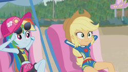 Size: 3410x1920 | Tagged: safe, imported from derpibooru, screencap, applejack, rainbow dash, equestria girls, equestria girls series, lost and found, applejack's hat, beach chair, belly button, cap, chair, clothes, cowboy hat, female, geode of super speed, geode of super strength, hat, high res, jewelry, magical geodes, midriff, necklace, sleeveless, sunglasses, swimsuit