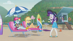 Size: 3410x1920 | Tagged: safe, imported from derpibooru, screencap, applejack, rainbow dash, rarity, equestria girls, equestria girls series, lost and found, applejack's hat, beach, beach chair, cap, chair, clothes, cowboy hat, female, geode of super speed, geode of super strength, hat, high res, jewelry, magical geodes, necklace, open mouth, rarity being rarity, sandals, sarong, sleeveless, sun hat, surfboard, swimsuit