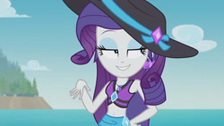 Size: 3410x1920 | Tagged: safe, imported from derpibooru, screencap, rarity, equestria girls, equestria girls series, lost and found, beach, beautisexy, belly button, bikini, bikini top, clothes, female, geode of shielding, hat, high res, jewelry, magical geodes, necklace, rarity's blue sarong, rarity's purple bikini, sarong, sassy, smiling, solo, sun hat, swimsuit