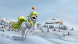 Size: 4000x2250 | Tagged: safe, artist:flusanix, imported from derpibooru, derpy hooves, alicorn, pony, alicornified, balancing, derpicorn, female, food, high res, mare, muffin, race swap, snow, solo, that pony sure does love muffins