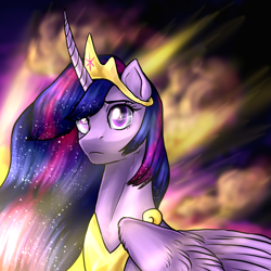 Size: 2000x2000 | Tagged: safe, artist:not-ordinary-pony, derpibooru exclusive, imported from derpibooru, twilight sparkle, alicorn, pony, the last problem, crown, ethereal mane, female, frown, high res, jewelry, mare, older, older twilight, peytral, princess twilight 2.0, regalia, sad, solo, starry mane, sunset, twilight sparkle (alicorn)