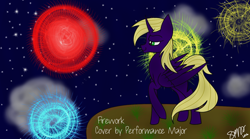 Size: 1440x801 | Tagged: safe, artist:skypaw122, imported from derpibooru, oc, oc only, alicorn, pony, alicorn oc, fireworks, horn, night, outdoors, raised hoof, signature, smiling, solo, stars, wings