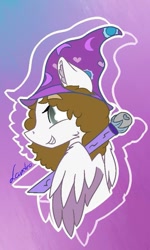 Size: 577x960 | Tagged: safe, artist:millefaller, imported from derpibooru, oc, oc only, pegasus, pony, abstract background, bust, colored wings, grin, hat, pegasus oc, scepter, signature, smiling, solo, two toned wings, wings, wizard hat