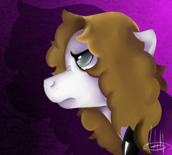 Size: 960x864 | Tagged: safe, artist:millefaller, imported from derpibooru, oc, oc only, earth pony, pony, abstract background, bust, earth pony oc, female, frown, mare, signature, solo