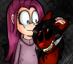 Size: 863x760 | Tagged: safe, artist:millefaller, imported from derpibooru, pinkie pie, dog, human, abstract background, black sclera, clothes, creepypasta, duo, eyelashes, eyeliner, humanized, knife, makeup, mouth hold, petting, pinkamena diane pie, sharp teeth, signature, smile dog, teeth