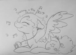 Size: 960x690 | Tagged: safe, artist:millefaller, imported from derpibooru, oc, oc only, pegasus, pony, female, ipod, lineart, lying down, mare, pegasus oc, prone, signature, smiling, solo, traditional art, wings