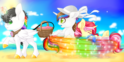 Size: 4251x2125 | Tagged: safe, artist:schokocream, imported from derpibooru, oc, oc only, oc:lightning bliss, alicorn, pony, alicorn oc, basket, cloud, female, goggles, hat, horn, leonine tail, mare, outdoors, raised hoof, sun hat, tail, wings