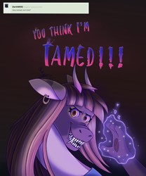 Size: 2065x2481 | Tagged: safe, artist:diamond06mlp, imported from derpibooru, oc, oc only, draconequus, ask, bust, draconequus oc, ear piercing, earring, female, glowing hands, high res, horns, jewelry, piercing, sharp teeth, solo, teeth