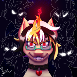 Size: 2048x2048 | Tagged: safe, artist:diamond06mlp, imported from derpibooru, oc, oc only, pony, unicorn, bust, collar, glasses, glowing, glowing eyes, glowing horn, high res, horn, red eyes, sharp teeth, signature, smiling, teeth, unicorn oc