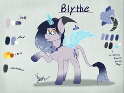 Size: 2732x2048 | Tagged: safe, artist:diamond06mlp, imported from derpibooru, oc, oc only, pony, unicorn, artificial wings, augmented, ethereal mane, glasses, glowing, glowing horn, high res, horn, magic, magic wings, raised hoof, reference sheet, signature, solo, starry mane, unicorn oc, wings