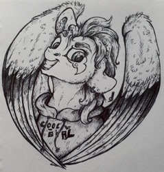 Size: 1033x1080 | Tagged: safe, artist:skior, imported from derpibooru, oc, oc only, pegasus, pony, clothes, colored wings, hoodie, monochrome, solo, traditional art, two toned wings, wings