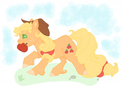 Size: 1280x960 | Tagged: safe, artist:skior, imported from derpibooru, applejack, earth pony, pony, apple, applejack's hat, bow, colored hooves, cowboy hat, female, food, hat, heart eyes, mare, mouth hold, solo, unshorn fetlocks, wingding eyes