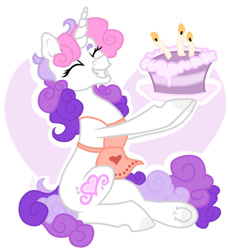 Size: 854x936 | Tagged: safe, artist:skior, imported from derpibooru, sweetie belle (g3), pony, apron, cake, clothes, food, solo