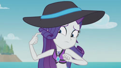 Size: 3410x1920 | Tagged: safe, imported from derpibooru, screencap, rarity, equestria girls, equestria girls series, lost and found, belly button, bikini, bikini top, clothes, female, geode of shielding, hairpin, high res, jewelry, magical geodes, my ear was naked, necklace, rarity's purple bikini, sleeveless, solo, swimsuit