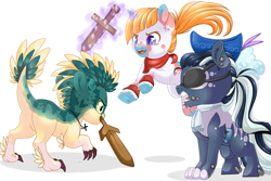 Size: 3401x2267 | Tagged: safe, artist:schokocream, imported from derpibooru, oc, oc only, dracony, dragon, earth pony, hybrid, pony, unicorn, earth pony oc, eyepatch, female, fight, hat, high res, horn, mare, mouth hold, simple background, sword, unicorn oc, weapon, white background