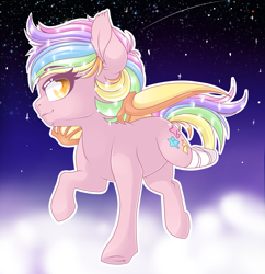 Size: 2438x2514 | Tagged: safe, artist:schokocream, imported from derpibooru, oc, oc only, oc:paper stars, bat pony, pony, amputee, bat pony oc, bat wings, ethereal mane, female, flying, high res, mare, multicolored hair, outdoors, rainbow hair, solo, starry mane, wings