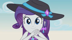 Size: 3410x1920 | Tagged: safe, imported from derpibooru, screencap, rarity, equestria girls, equestria girls series, lost and found, bikini, bikini top, clothes, cute, female, geode of shielding, hat, high res, jewelry, looking at you, magical geodes, necklace, raribetes, rarity's purple bikini, smiling, solo, sun hat, swimsuit