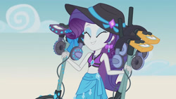 Size: 3410x1920 | Tagged: safe, imported from derpibooru, screencap, rarity, equestria girls, equestria girls series, lost and found, belly button, bikini, bikini top, clothes, cute, eyes closed, female, geode of shielding, hat, high res, jewelry, magical geodes, metal detector, necklace, raribetes, rarity's blue sarong, rarity's purple bikini, sarong, smiling, solo, sun hat, swimsuit