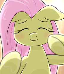 Size: 640x740 | Tagged: safe, artist:batipin, imported from derpibooru, fluttershy, pegasus, pony, blushing, bust, eyes closed, female, floppy ears, front view, full face view, mare, smiling, solo