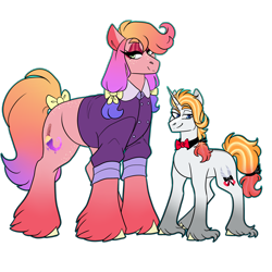 Size: 3000x3000 | Tagged: safe, artist:gingygin, imported from derpibooru, oc, oc:rose gold, oc:snippet, earth pony, pony, unicorn, body freckles, bow, bowtie, brother and sister, clothes, female, fraternal twins, freckles, gradient mane, height difference, high res, lidded eyes, long feather, male, offspring, parent:big macintosh, parent:rarity, parents:rarimac, plump, shirt, siblings, simple background, smiling, tail, tail bow, transparent background, unshorn fetlocks