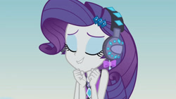Size: 3410x1920 | Tagged: safe, imported from derpibooru, screencap, rarity, equestria girls, equestria girls series, lost and found, bikini, bikini top, clothes, eyes closed, female, geode of shielding, hairpin, headphones, high res, jewelry, lip bite, magical geodes, necklace, rarity's purple bikini, solo, swimsuit