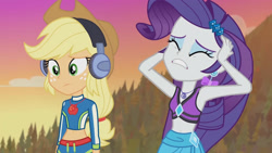 Size: 3410x1920 | Tagged: safe, imported from derpibooru, screencap, applejack, rarity, equestria girls, equestria girls series, lost and found, applejack's hat, armpits, belly button, clothes, cowboy hat, eyes closed, female, geode of shielding, geode of super strength, hairpin, hat, headphones, high res, jewelry, magical geodes, midriff, necklace, rarity's blue sarong, rarity's purple bikini, sarong, swimsuit