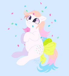 Size: 1749x1906 | Tagged: safe, artist:immunefox, imported from derpibooru, confetti (g1), earth pony, pony, bow, chubby, confetti, cross-eyed, cute, digital art, fanart, g1, looking up, multicolored hair, party, pastel, pink eyes, pixel art, procreate app, sitting, solo, tail, tail bow