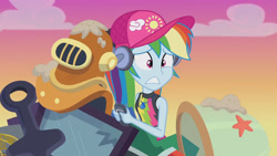 Size: 3410x1920 | Tagged: safe, imported from derpibooru, screencap, rainbow dash, equestria girls, equestria girls series, lost and found, cap, clothes, female, geode of super speed, hat, headphones, high res, jewelry, magical geodes, necklace, sleeveless, solo, swimsuit