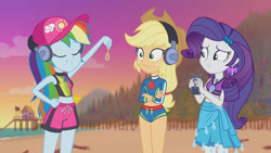 Size: 3410x1920 | Tagged: safe, imported from derpibooru, screencap, applejack, rainbow dash, rarity, equestria girls, equestria girls series, lost and found, applejack's beach shorts swimsuit, applejack's hat, beach, cap, clothes, cowboy hat, crossed arms, eyes closed, female, geode of shielding, geode of super speed, geode of super strength, hairpin, hat, headphones, high res, jewelry, magical geodes, midriff, necklace, open mouth, rainbow dash's beach shorts swimsuit, rarity's blue sarong, rarity's purple bikini, sarong, swimsuit