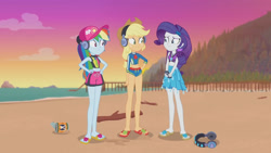 Size: 3410x1920 | Tagged: safe, imported from derpibooru, screencap, applejack, rainbow dash, rarity, equestria girls, equestria girls series, lost and found, applejack's beach shorts swimsuit, applejack's hat, beach, belly button, cap, clothes, cowboy hat, feet, female, geode of shielding, geode of super speed, geode of super strength, hairpin, hand on hip, hat, headphones, high res, jewelry, magical geodes, midriff, necklace, rainbow dash's beach shorts swimsuit, rarity's blue sarong, rarity's purple bikini, sandals, sarong, smiling, sports bra, swimsuit, two-piece swimsuit