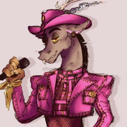 Size: 1080x1080 | Tagged: safe, artist:shmorxy, imported from derpibooru, discord, draconequus, clothes, cowboy, cowboy hat, ear piercing, earring, fangs, fishnets, hat, horns, jacket, jewelry, lil nas x, microphone, piercing, pocket, stars, straps, watermark