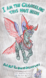 Size: 1884x3182 | Tagged: safe, artist:grimmyweirdy, imported from derpibooru, pharynx, princess flurry heart, changedling, changeling, to change a changeling, chain necklace, clothes, jacket, leather jacket, movie reference, mowhawk, prince pharynx, princess emo heart, snarling, traditional art