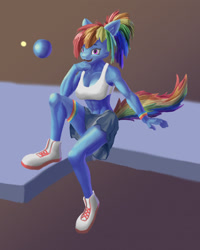 Size: 1122x1405 | Tagged: safe, artist:futuretankcrc, imported from derpibooru, rainbow dash, anthro, abs, clothes, ponytail, shoes, simple background, skirt, sports bra, wristband
