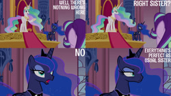 Size: 1280x720 | Tagged: safe, edit, edited screencap, editor:quoterific, imported from derpibooru, screencap, princess celestia, princess luna, starlight glimmer, alicorn, pony, unicorn, a royal problem, season 7, celestia is not amused, crown, denial's not just a river in egypt, ethereal mane, eyeshadow, fake smile, female, flowing mane, glare, hoof shoes, jewelry, luna is not amused, makeup, mare, multicolored mane, narrowed eyes, open mouth, pouting, raised hoof, regalia, royal sisters, sarcasm, siblings, sisters, smiling, throne, throne room, unamused
