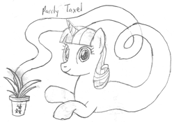 Size: 1132x794 | Tagged: safe, artist:parclytaxel, imported from derpibooru, twilight velvet, genie, genie pony, pony, unicorn, series:nightliner, female, lineart, looking at you, lying down, mare, monochrome, pencil drawing, pointing, potted plant, prone, smiling, solo, traditional art