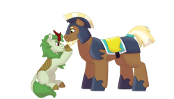 Size: 1280x732 | Tagged: safe, artist:itstechtock, imported from derpibooru, oc, oc only, oc:emerald grove, oc:stoutheart, kirin, armor, male, simple background, stallion, transparent background