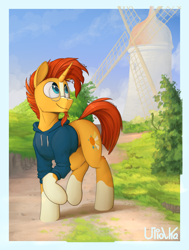 Size: 1700x2250 | Tagged: safe, artist:uliovka, imported from derpibooru, sunburst, pony, unicorn, clothes, cottagecore, hoodie, male, mill, scenery, smiling, solo, stallion, tree, windmill