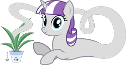 Size: 7753x4000 | Tagged: safe, artist:parclytaxel, imported from derpibooru, twilight velvet, genie, genie pony, pony, unicorn, .svg available, absurd resolution, female, looking at you, lying down, mare, monthly reward, plant, pointing, potted plant, prone, simple background, smiling, solo, transparent background, vector