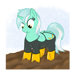 Size: 1512x1512 | Tagged: safe, artist:eels, imported from derpibooru, lyra heartstrings, pony, unicorn, clothes, female, mare, mud, pants, rain boots, solo