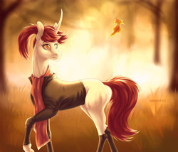 Size: 1920x1646 | Tagged: safe, artist:dementra369, imported from derpibooru, oc, oc only, pony, unicorn, autumn, clothes, commission, female, leaf, ponytail, socks, solo, ych result